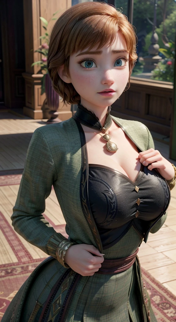 A beautiful red haired woman (Gwen Tennyson:Tracer:Bulma:Rebecca Chambers), 1girl, close-up, high detail face, aztec, mayan armor, jade head and neck jewelry, body tattoos, short hair, long tribal dress, wolf fur, ceremonial cape, tribal corset, mayan jungle, jade amulets, tribal piercings and tattoos, white tribal top, green eyes, shy smile, freckles, beautiful girl, large breasts, thigh high boots, ultra detailed, realistic, photo-realistic, masterpiece, ultra-high-definition, garter belt