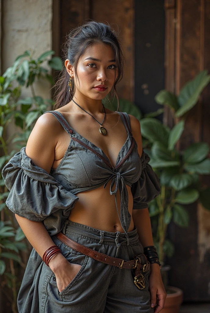 Controls:
((masterpiece)), best quality, Beautifully Detailed, add details, extraordinary details, High Resolution, fanart, commissioned art, professional artist, digital art, photography, (candid photography), human, safe for works art, sfw,

Details:
bronze age civilization,(low angle), fantasy, ((tribe warrior)), warrior, heroine, hunter, huntress, tribe hunter, afro-asian culture, at tribe village,

Physicals:
((1girl)), alluring face, middle east people, wavy hairs, long hair, volume hair:big,  fit body builds, ((buff woman)), 20 years old, (white silver hairs), (hair color:white), (heroine), blue eyes, big breast, (dark skin), (exotic girl), (((asian brown skins))), beautiful girl,

Attributes:
wearing clothing, wearing simple ancient tribe clothing made of burlap fabric, sleeveless african tribe clothing, wearing tribal style pantaloons made of burlap fabric, fabric sash,