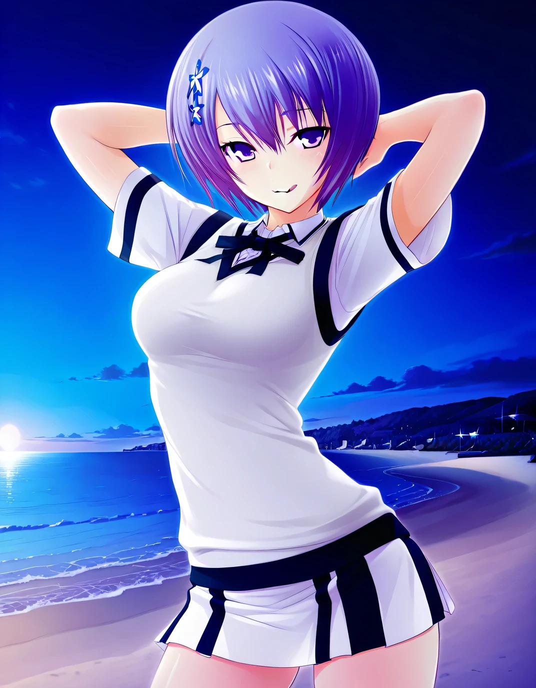 shiina miyako, purple hair, short hair, purple eyes, hair ornament, medium breast, short sleeves, white sweater vest, white shirt, white skirt, neck ribbon, black ribbon, game screencap, high quality, solo, night sky, beach, hands behind head, licking lips, ((contrapposto)), closed mouth, cowboy shot, looking at viewer, grin, best quality