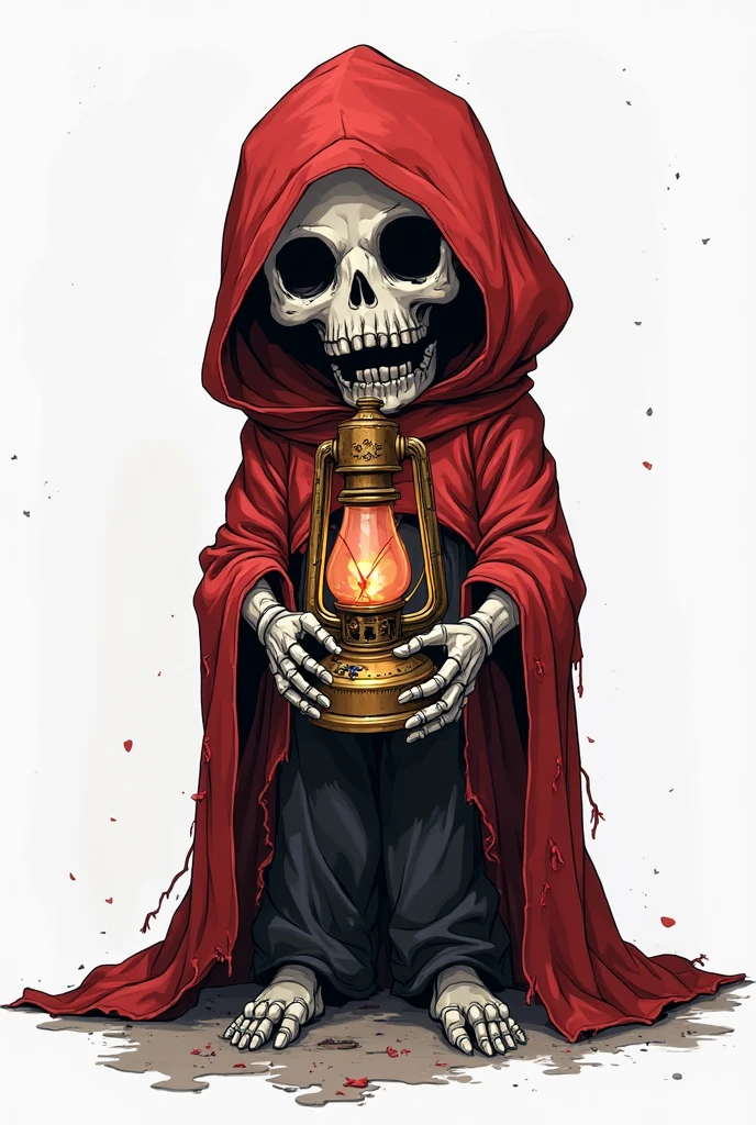 (best quality, masterpiece, ultra-detailed, highres, realistic:1.37), A necromancer, with big Death Scythe, lamp on his right hand, ghost fire around him, chianwd skull on his waist , black cloak , simple lines, flat colors and no shadows, drawn in the style of Pixar's animation. Black background. The character should have exaggerated features to emphasize its simplicity and cuteness, elaborate details, clean and sharp lines, perfect illustration, colorful