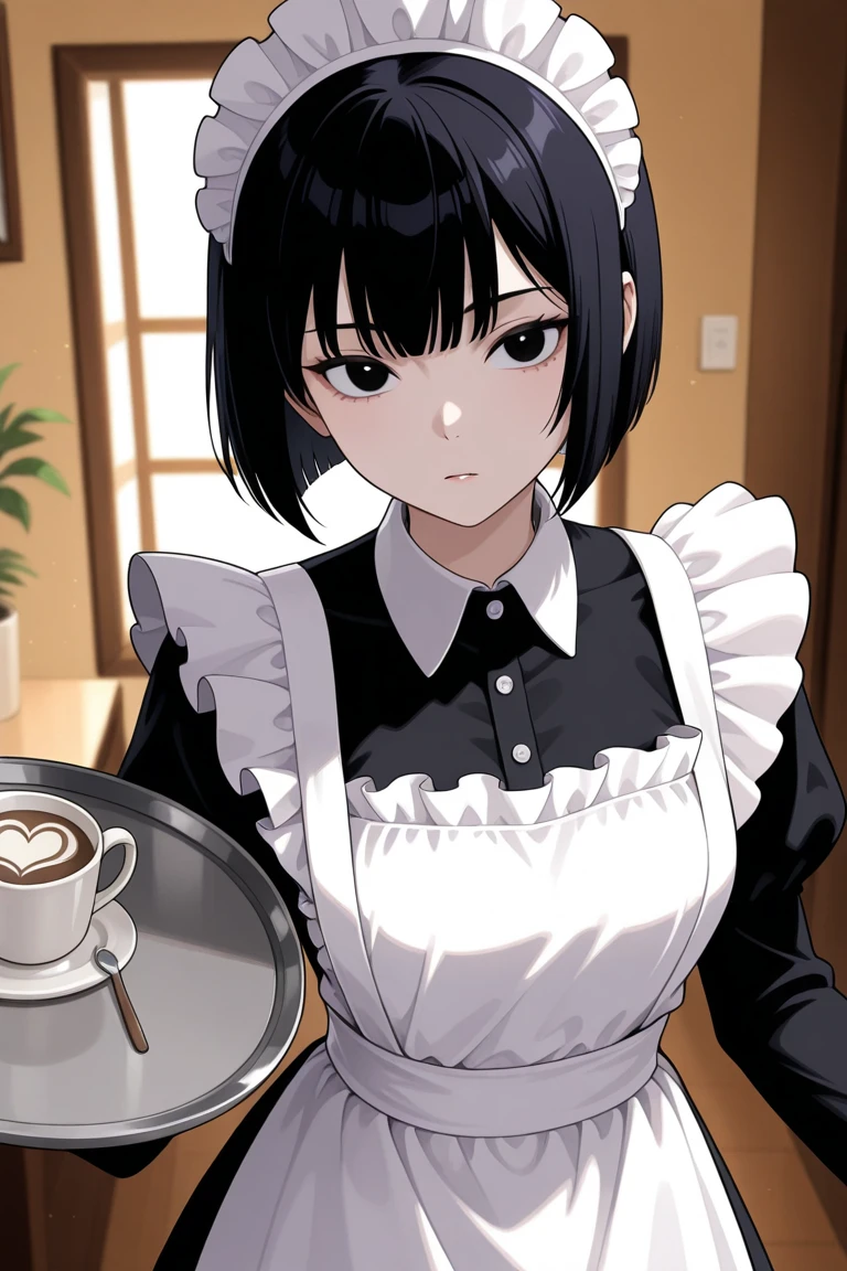 one woman、solo,Maya Hell,black eyes,dark hair,bob cut,Maid Outfit、White Apron、White Headdress、she has a tray、cafe