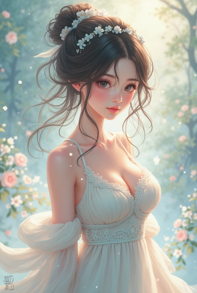 Cute woman in the fog, (elegant, Beautiful Face), Transparent white dress, masterpiece、Forest Moss, Flower Field、Curly Red Hair, Magical atmosphere, (short hair), ((Detailed skin, Skin Texture))、Ultra-detailed, (Exquisitely crafted, Fine details, Ultra-detailed), Ray Tracing, Scattered beneath the surface, (Fantasy underworld in the background)、Diffused and soft lighting, Shallow depth of field, Sharp focus blur, (Realistic photo quality:1.4)