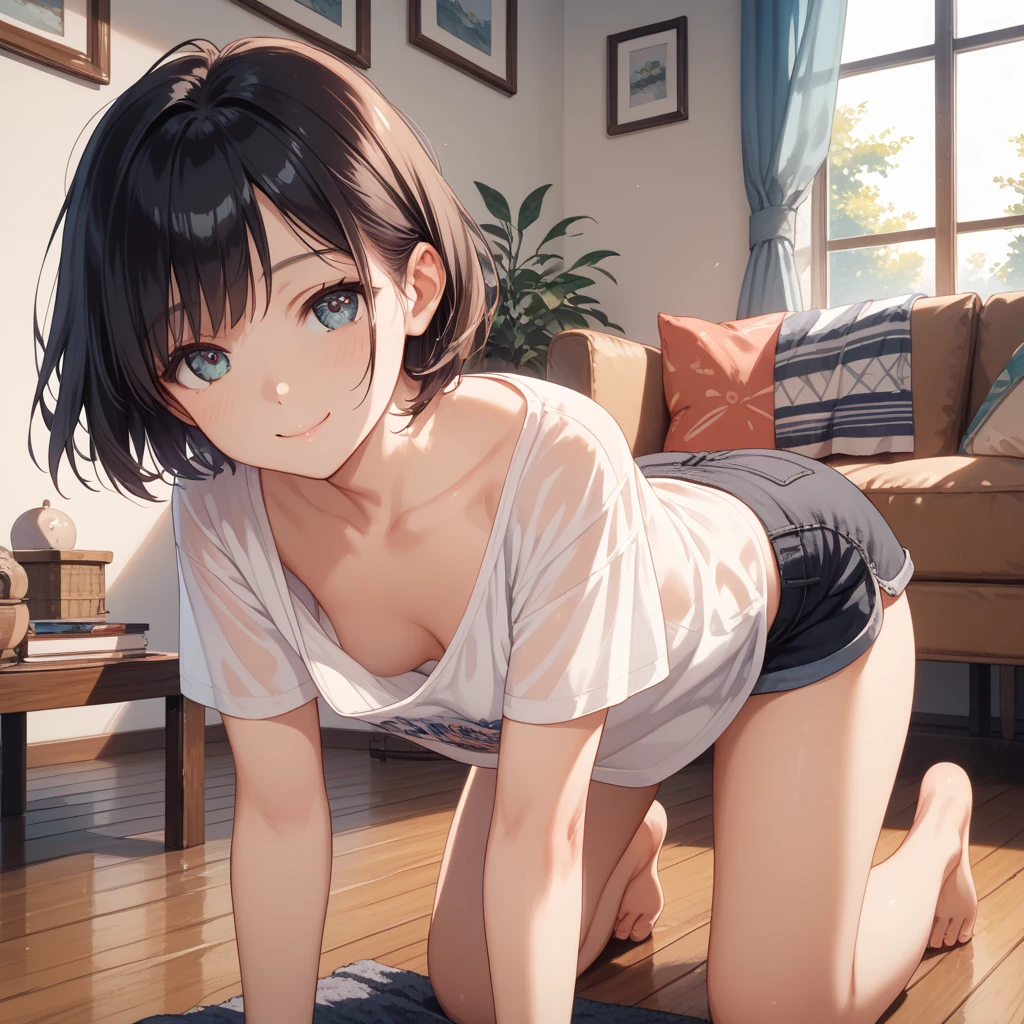 official art, unity 8k wallpaper, Super detailed, masterpiece, highest quality, 1 female, (very detailed),(Raw photo、highest quality)、(realistic、Photoreal:1.3)、high detail、顔のvery detailed複雑な 3D レンダリング、(very detailed肌:1.2)、dynamic angle, fire glow effect, professional lighting, side light, cinematic light, 超A high resolution, 8K , film grain,best shadow, particles of light, Fine skin texture, detailed face, intricate details, Super detailed, shine, Please reconsider、full body,、beautiful face、blurred background、18 year old beautiful girl、shiny skin、thin、nice companion、delicate body、thin legs、naked apron、((get down on all fours))、beautiful back、butt、turn around、A photo from a little behind、bend your body、