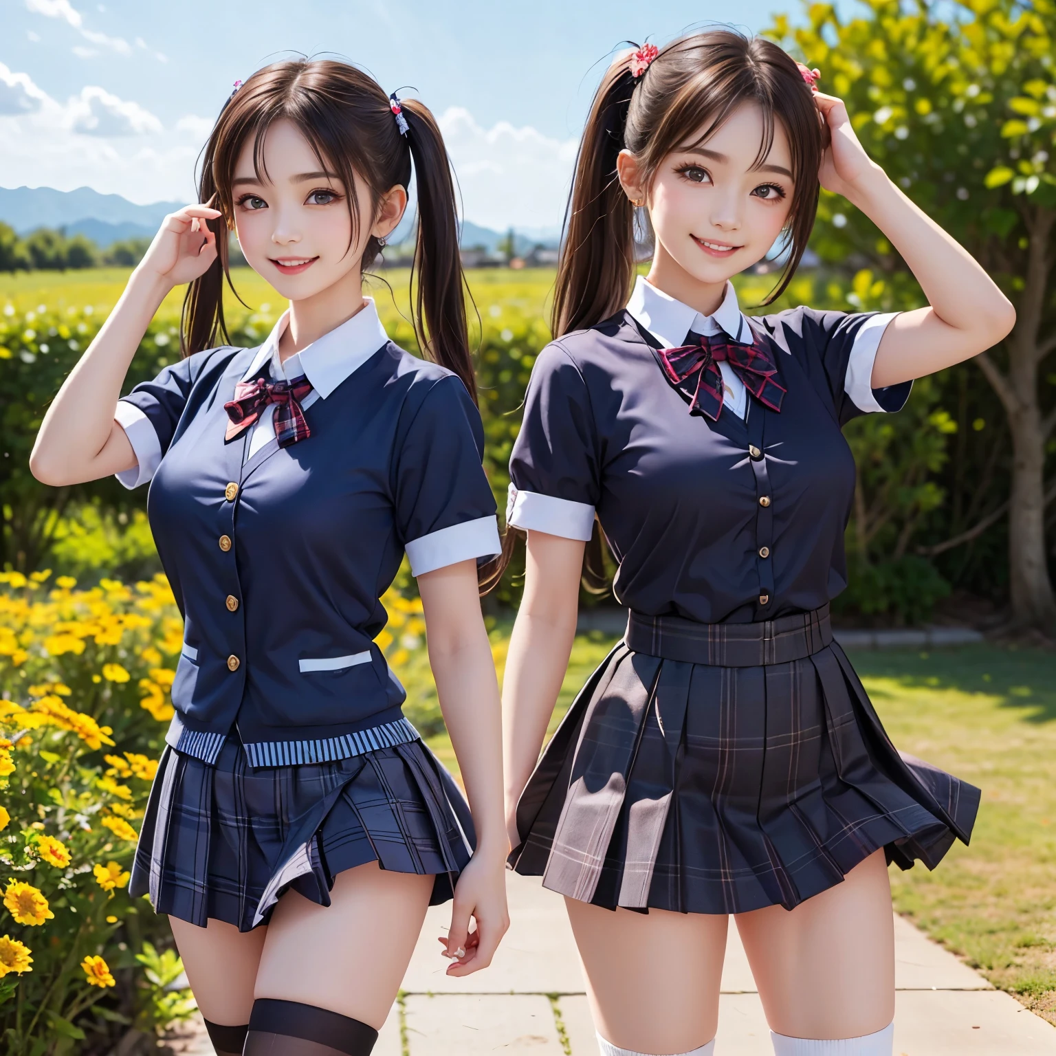 (masterpiece,best quality: 1.4),(8k,raw photo,photo realistic:1.2),shiny skin, detailed skin,detailed face,detailed eyes,Japanese idol,beautiful face,flower garden, blue sky, countryside, one beautiful girl, very pretty,(blond hair,twin tails:1.2),short stature, (large breasts), (school uniform, plaid miniskirt, black knee-high socks:1.2), necklace, earrings,natural makeup, (cute pose),(The wind is blowing her hair and skirt:1.3), (happy smile:1.2),standing,