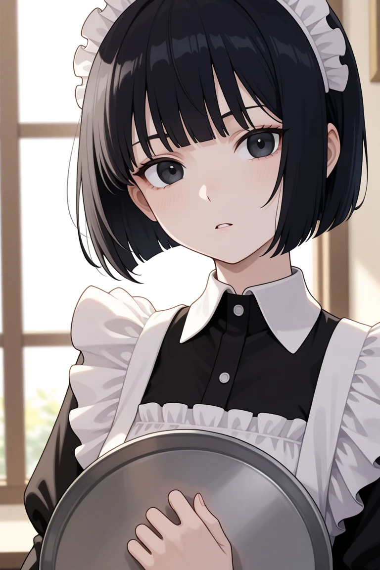 one woman、solo,Maya Hell,black eyes,dark hair,bob cut,Maid Outfit、White Apron、White Headdress、she has a tray、cafe