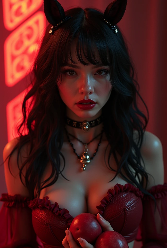 mujer diablita pelo cafe corto, Fondo negro con luna roja.