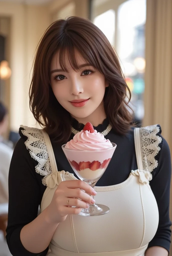 Tabletop, Highest quality, figure, Super detailed, In detail, High resolution, 8k wallpaper, Perfect dynamic composition, 1 beautiful girl, Beautiful attention to detail, (Look at the parfait), Girly blouse, Medium Hair, Normal chest, Natural color lip, Random Pause, smile, Open your mouth:1.2, Stylish cafe, 20-year-old girl, sit, On the table is a chocolate parfait in a tall glass.,
