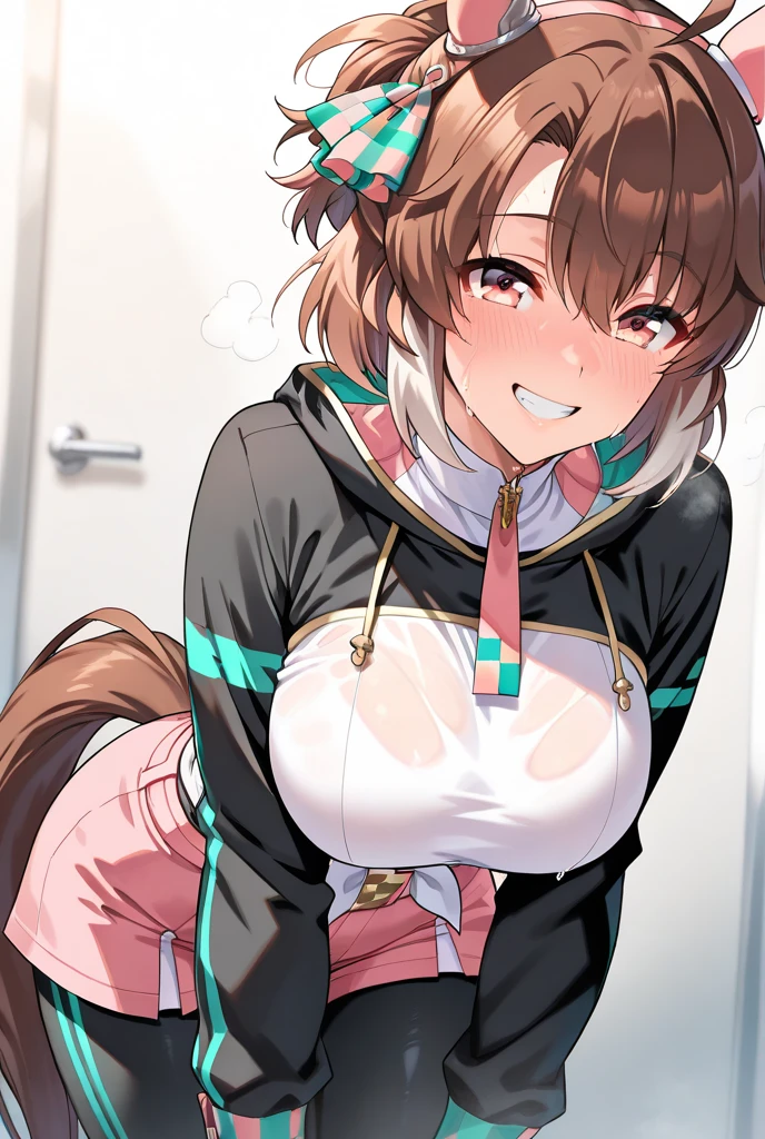 1girl,dantsu_flame\(umamusume\),horse tail,horse ears, (penetration gesture),pink clothes,mini skirt,(ARW,Sit with legs apart,M-shaped legs).squatting,spread legs,knees up,i can see red latex panties,(cameltoe),smile,waving,nsfw,ai-generated,,beautiful eyes,masterpiece,best quality,highres,4k,8k,Sincos,Cute,Anime,Artist,