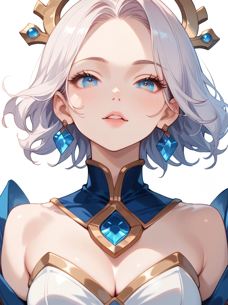 Adult woman, short white hair, blue eyes, ssmile, blue lipstick, The Queen's Transparent Dress, Gold Elements, Sleeveless, big breastes, open breasts, neckline on the chest, hiquality, 4k, HD, Good detail