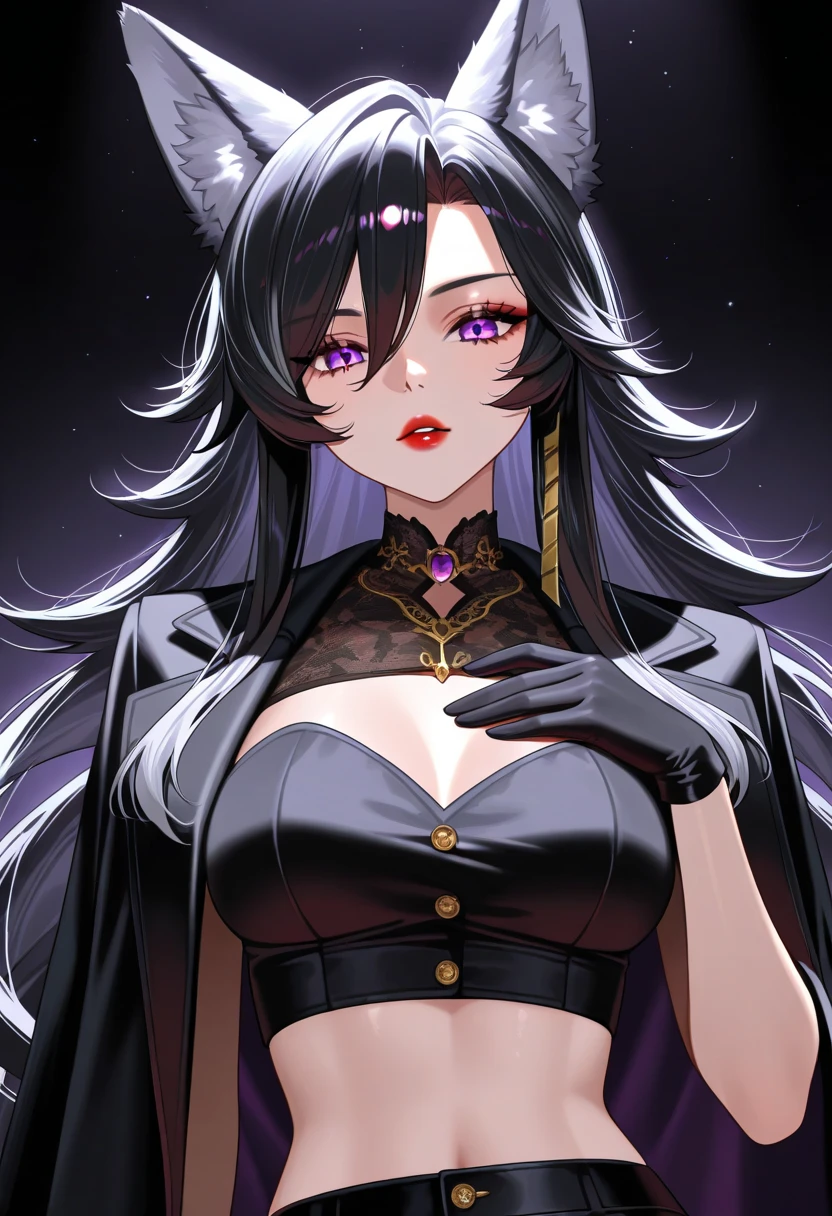 (((Tessa, the Vixen from naraka bladepoint game))), with flowing ((black purple hair)) and ((purple fox-ear ornaments)), wearing a dark purple dress revealiang her pretty legs wielding her dual short swords in a combat stance. Tessa, the Vixen, with a playful smirk, her eyes sparkling, standing amidst a bustling market, her black dar purple hair flowing freely. Tessa, the Vixen, with a calculating expression, her eyes narrowed, her hand resting on the hilt of her sword, a snowy mountain peak with the Temple of Arise in the distance.Tessa, the Vixen from Naraka Bladepoint, in a dynamic pose mid-air, wielding her frost-infused blades with glowing blue foxfire effects. Her black dark purple hair flows freely behind her, and her amber eyes sparkle with a mischievous glint. The background depicts a snowy mountain peak with the Temple of Arise faintly visible in the distance.detailed anime with vibrant colors and emphasis on dynamic action.(((capturing the essence of gothic 90s anime style))), hunter eyes, (((extremly detailed background and character))), (((masterpiece))),(((high quality))), at night with pretty looking moon,black dark purple hair Flowing, vibrant red that cascades down her back in waves. Accented with intricately woven gold ribbons or ornaments that resemble fox ears or tails. Often kept loose and flowing, sometimes adorned with flowers or small bells. (((her eyes color are yellow color glowing predator eyes))) (((her yellow colored glowing eyes Striking amber eyes that hold a mix of playfulness and cunning.))) Slightly upturned, contributing to her alluring and mischievous expression. Makeup Usually minimal, with a focus on enhancing her natural beauty. face features Delicately sculpted with smooth skin, defined cheekbones, and a slightly pointed chin. Often playful and inviting, but can quickly shift to a calculating or even predatory look. (((dark purple dress))), high heels, (((purple fur accesory around her neck))) ,focus on hands only two hands