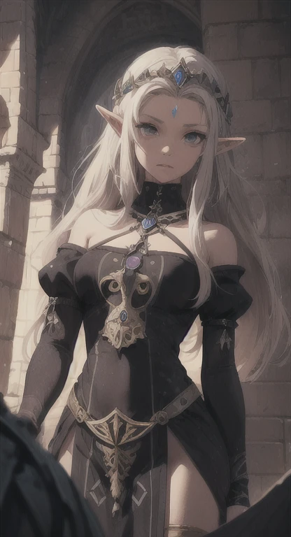 A dark elf girl, intricate elven facial features, piercing eyes, pointed ears, mystical aura, dark flowing hair, ornate elven attire, detailed fantasy character, dramatic lighting, dramatic shadows, cinematic composition, digital painting, muted color palette, dark and moody atmosphere, high detail, photorealistic, 8k, masterpiece
