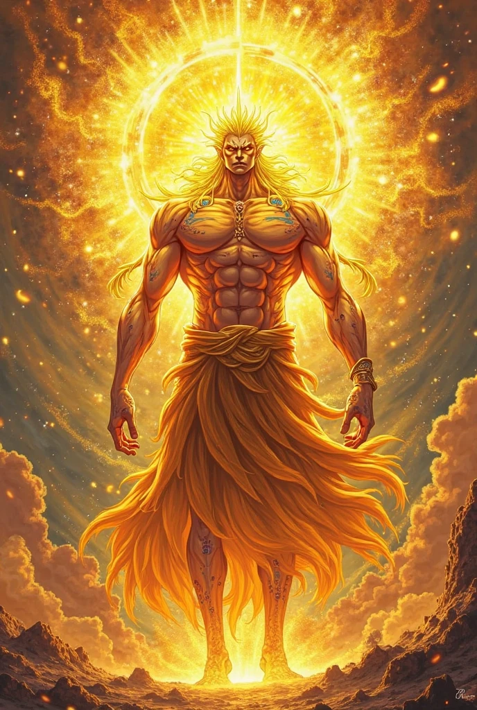 male character, body and hair all shiny like the sun, like a deity. anime dash