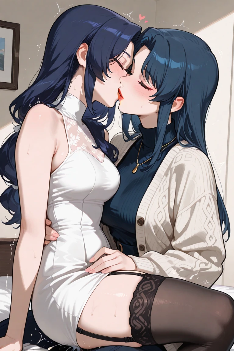 Best image quality, high image quality, masterpiece, black hair, hotel, rubbing breasts from behind a girl with open legs, squatting, sexual smile, two girls at 16 years old Not wearing panties Two girls with visible NSFW crack Beautiful braless undressing Kiss, tongue drooling, blush, see-through dress, visible, angle from below, touching the crotch of the partner, smelling panties Nipples are visible