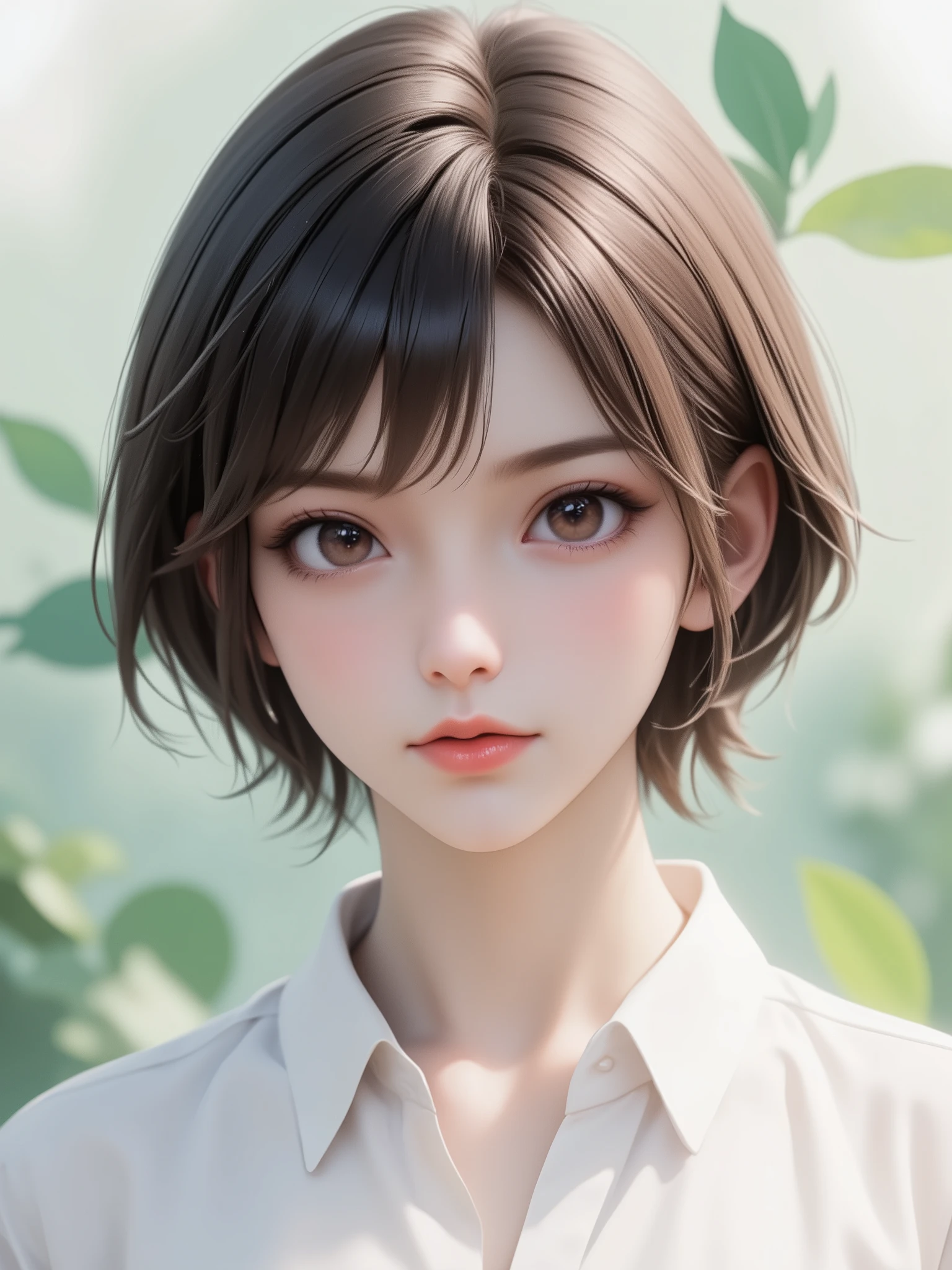A person is depicted in the image with short, sleek dark brown hair that falls gently over the ears. The individual wears a white collared shirt, which adds a formal or school-like appearance. The background features a soft gradient of green hues, giving it an artistic, watercolor feel with abstract shapes hinting at natural scenery or foliage in the distance. The lighting is soft and diffuse, complementing the serene and calm atmosphere of the image. The composition is simple, focusing primarily on the upper half of the figure and providing an overall tranquil and harmonious mood.