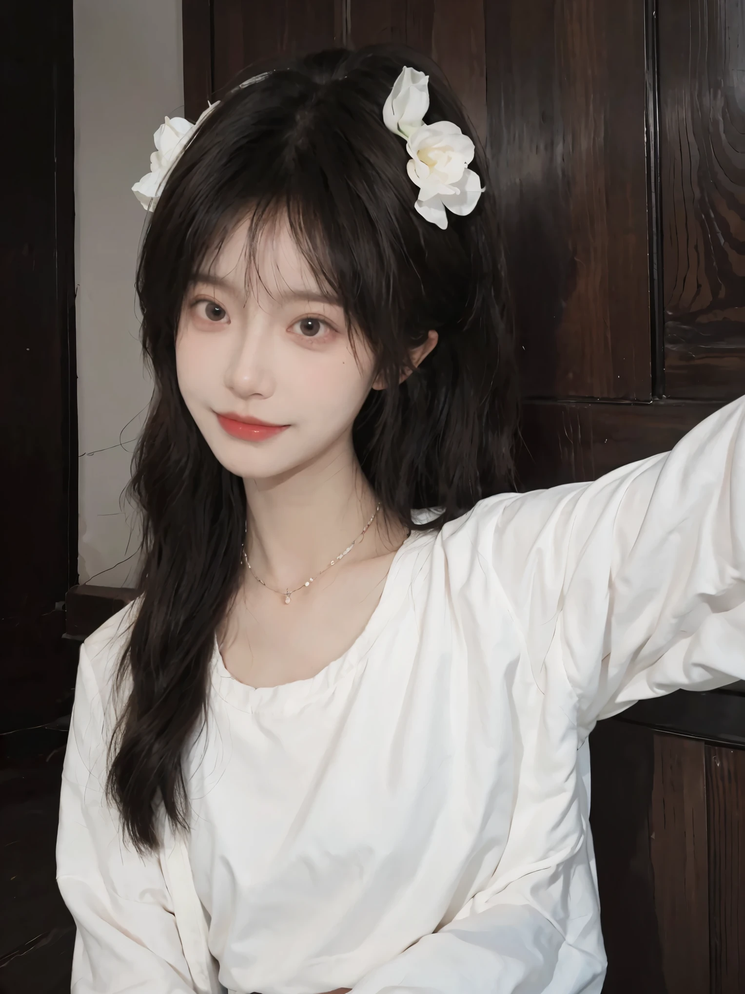 best qualtiy, Ultra-high resolution, (realisticlying:1.4),cute hairpin,Baoyu Girl,European style apartment,(flatchest:1.2) ,A pair of clear and moving peach blossom eyes,Royal Sister,sunshine on face,Big waves,(ln the forest:1.4),(choker necklace:1.2),(Fair skin:1.4),a sense of atmosphere,a beauty girl, ssmile,head straight-looking at viewer, closeup cleavage ,(Photorealistic:1.4),1girll,sexly,(Upper body:1.4),(Wet body),(:1.2)