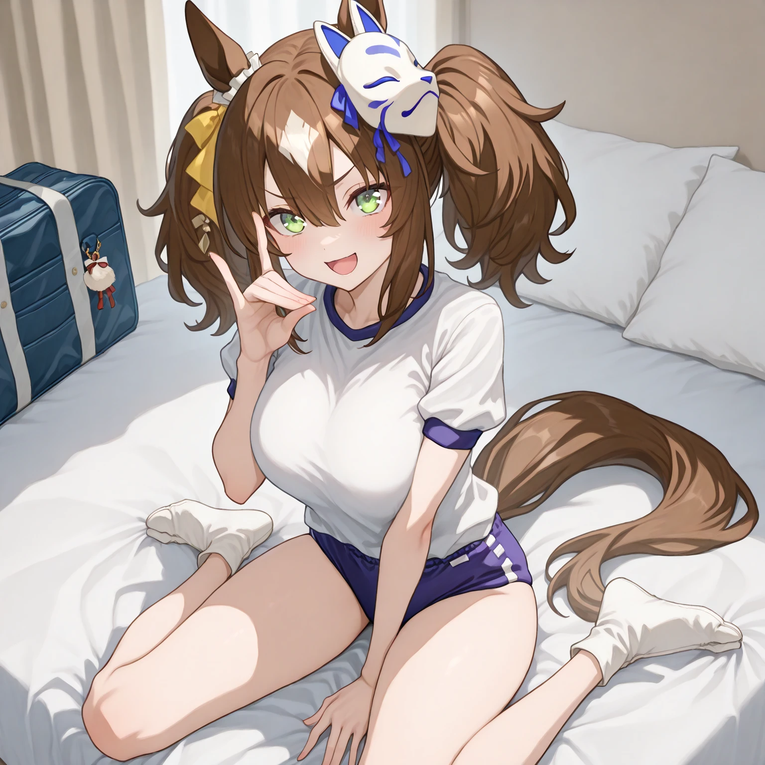 best quality, best resolution, (fluffy anthro furry), golden retriever girl, brown hair, curly hair, dog easr, (light yellow fur), medium breast, thick thighs, (white leotard, giant cat gloves, headband with cat ears, fake cat tail), bedroom, crawling on all fours