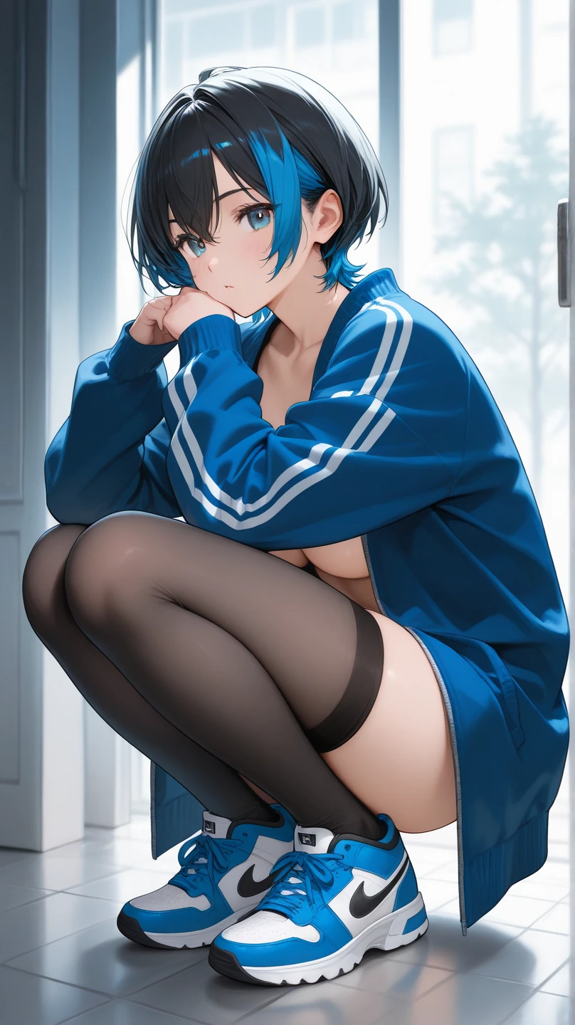 anime style,girl,blue hair,straight face,black tights,thighs,front,mini skirt,black and white style