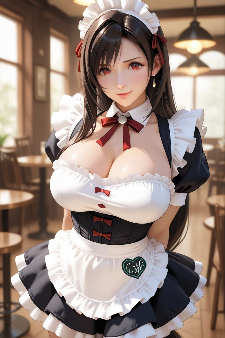 In the heart of a bustling cafe, a captivating French maid, exuding an irresistible allure, takes center stage. The photorealistic image presents every detail of her seductive attire, from the crisp, high-collar blouse and the tight corset, to the frilled apron and the iconic hat adorned with a feather. Her figure is accentuated by the emphasis on her hourglass figure, with upturned breasts and a cinched waist. The image is rendered in 8K resolution, capturing the intricate lace patterns and the sheen of her polished black boots. Detailed eyes with thick, false lashes, accent