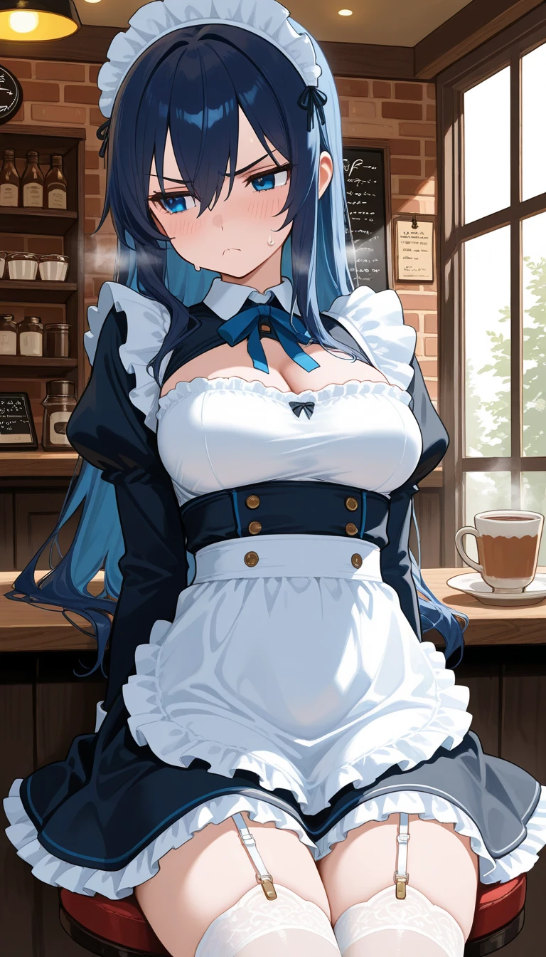 mastute piece,Best Quality,insanely detailed,8k cg,nsfw,
shoot upper body,(body in front:1.1),
1girl,standing,looking at viewer,(waitress,apron),bare breasts,
break,blush,shy,(trembling:1.2),Light blue hair,long hair,(large breasts:1.2),open mouth,(Coffee shop),