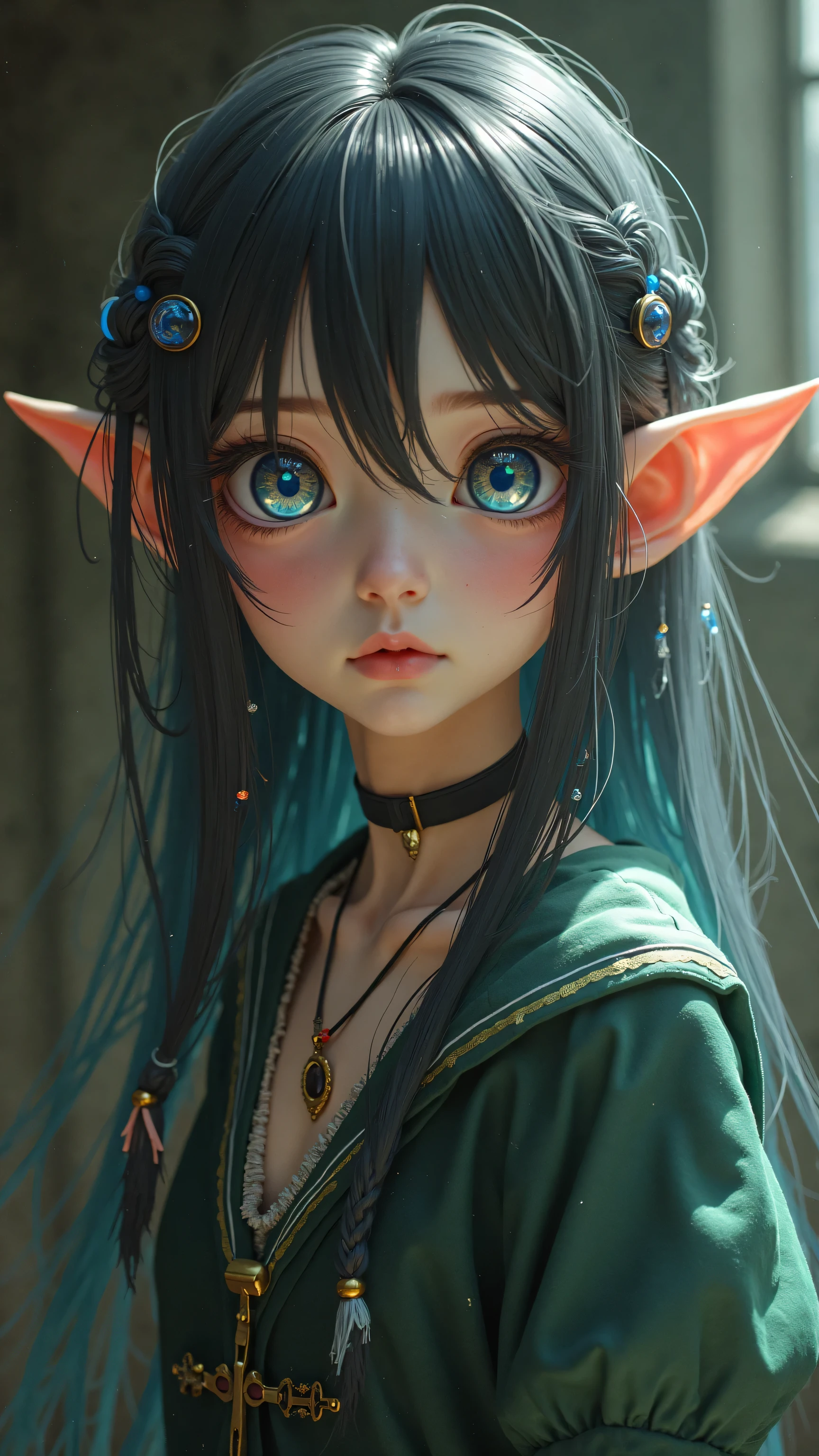 (Cute elf with blue eyes and brown hair) room background