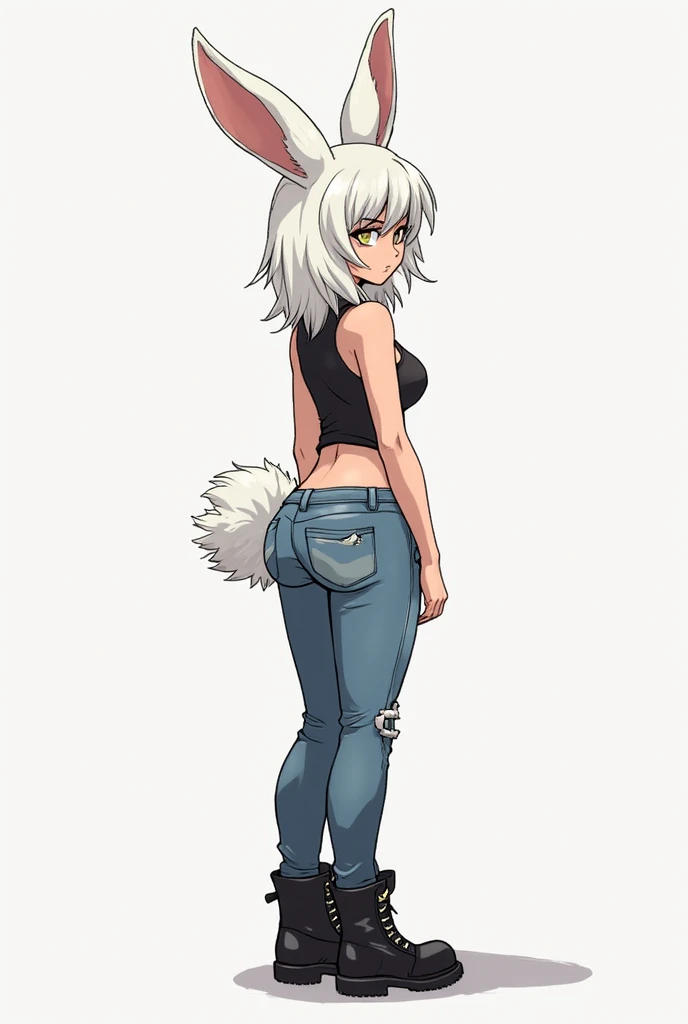 Single boy, Anime Femboy, Short, Long white hair, dog ears, blue eyes, short jeans, thigh high socks, black combat boots, open jacket, flat chest, super flat chest, tank top, solo femboy, only one femboy ((FLAT CHEST))