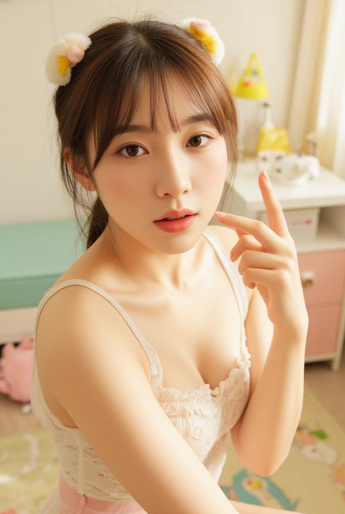 (Browsing Caution:1.2), (Nude:1.9),(Completely naked:1.9),(masterpiece:1.0), (Highest quality:1.2), (Ultra-high resolution:1.2), 8K resolution, Baby Face、(9 years old:1.2), (beautiful girl:1.2)、 Full body image、Japanese、Baby Face、ponytail、belly button、Shaved、Show your side、Raise your arms、Show your side,(Child body type:1.2)、(Flat Chest:1.2)、Sharp focus, Cinema Lighting, Beautiful face in every detail, Detailed skin texture, Pale skin, Detailed brown hair, smile, Realistic glowing skin, Beautiful plump nipples,Slim waist, 魅惑的なsmile,(Pink areola:1.2), (Head to Knee:1.2)