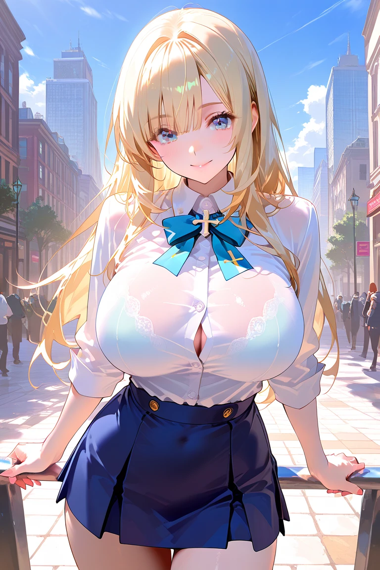 8K 4K Beautiful images masterpiece Super high quality wallpaper beautiful girl Beautiful blonde girl I'm squatting down in the street and my panties are showing. boots mini skirt big breasts smile blush cute super beautiful ultra high resolution Sweat one person 1 girl solo night gal JK Neon street, beautiful eyes Eyes like jewels