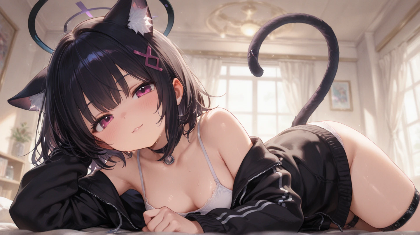 Beautiful, Cat girl, sexually aroused, short Hair, black Hair, pink Eyes, CATS EARS, CATS TAILS, looking at viewer, on bed, glowing, naked, showing tits, 15 years old, small tits