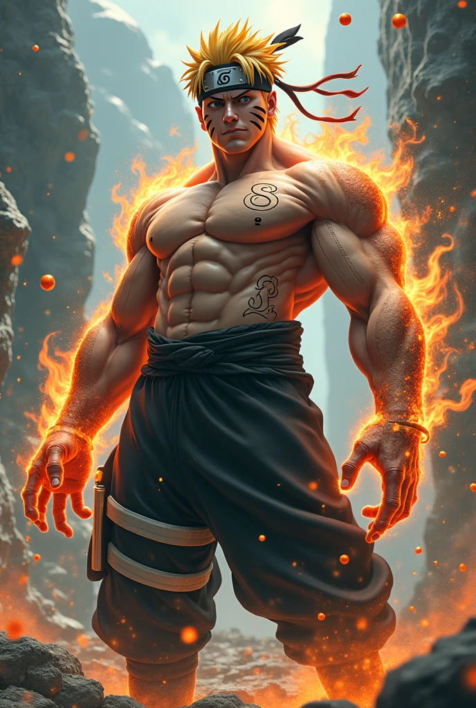 Naruto, Naruto uzumaki, Create a mascular Naruto uzumaki avatar, a close badass look. Inspired by Naruto uzumaki from Naruto, photo (photorealism) (realistic) (ultra HD) (8k wallpaper) (fine details) (extreme details on face)