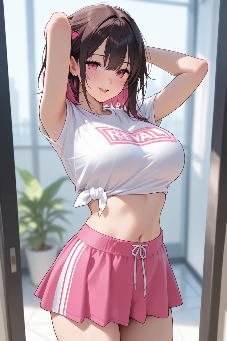 (big breasts:1.5),looking at the viewer,((masterpiece)),((highest quality)),perfect anatomy,8K UHD,highly detailed face,luster and luster,((1 girl)),((alone)),beautiful and fine eyes,perfect image,(Upper body:1.1),(look ahead:1.1),turn your arms behind your back,slim waist,shiny hair,Are standing,black hair,(dull bangs:1.1),medium hair,smile,indoors,gym,Are standing,super detailed,disorganized,