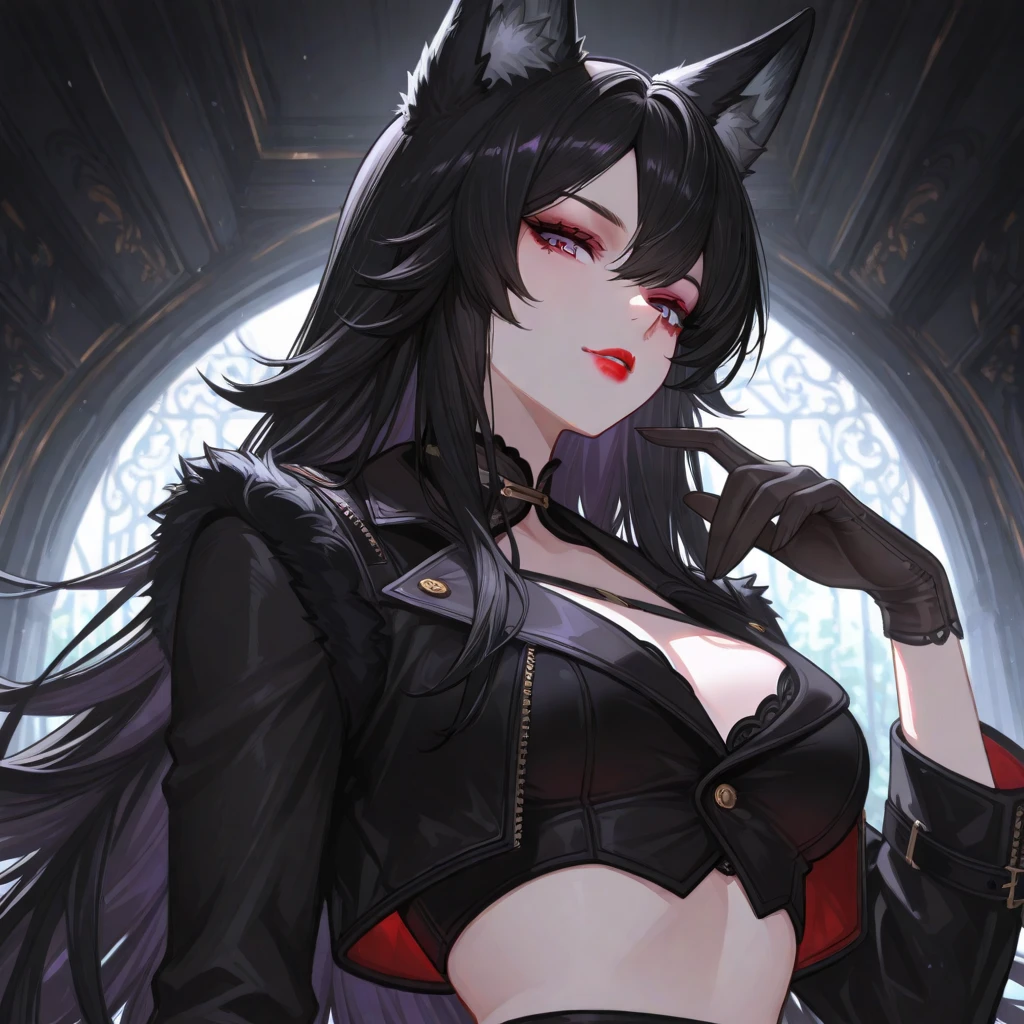 portrait of a sexy female with full lips, goth aesthetic, wearing makeup, has puppy ears, busty, wearing fur lined dress