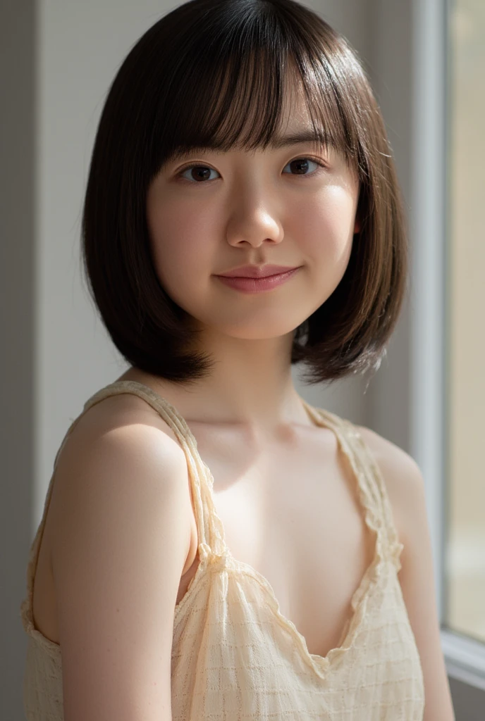 One girl,summer,Inside the room,sofa,Sit down,Black Hair,Fluffy short hair,Navy Blue,Tank top,smile,6th grade elementary school,Sharp features,Innocence,front,Look here,transparent, Soft Light,(masterpiece, Highest quality), Structure of the film, Like a movie