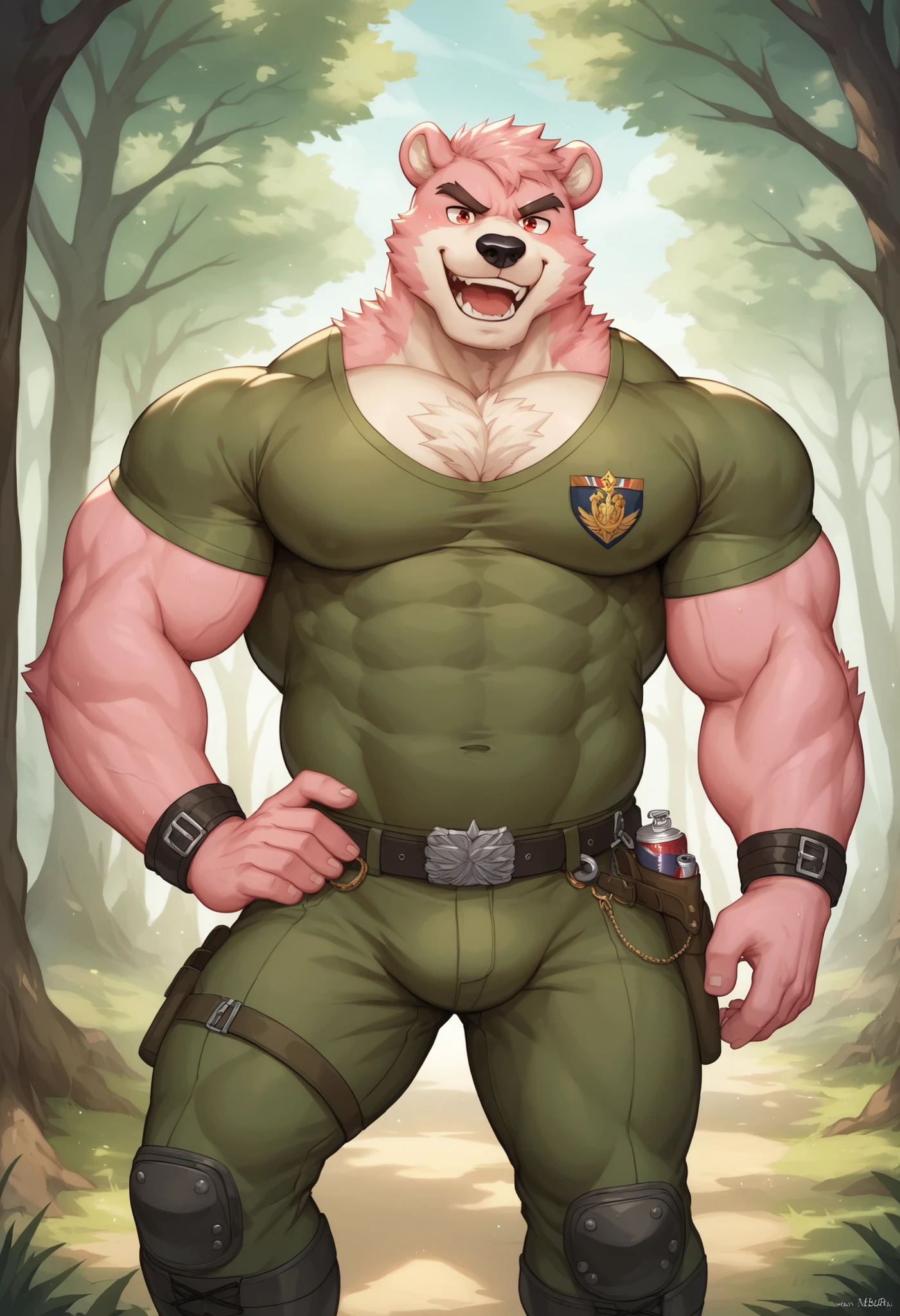 anthro, bear:2.4, seated, chubby, (looking to viewer, malicious look:1.5, teeth, wearing military ghillie suit with hood in a forest:1.4), ((dynamic pose)), strongman:1.7, (solo:2.8), male, flaccid penis:1.7, foreskin, saggy balls, super detailed, best art, 8k, vibrant, (by snowskau), by taran fiddler:1.8, by RedRusker:1.8, art stile, 3D, halfbody:1.2), masterpiece, best quality, half body:1.8, halfbody:1.8, low angle shot:1.3,
