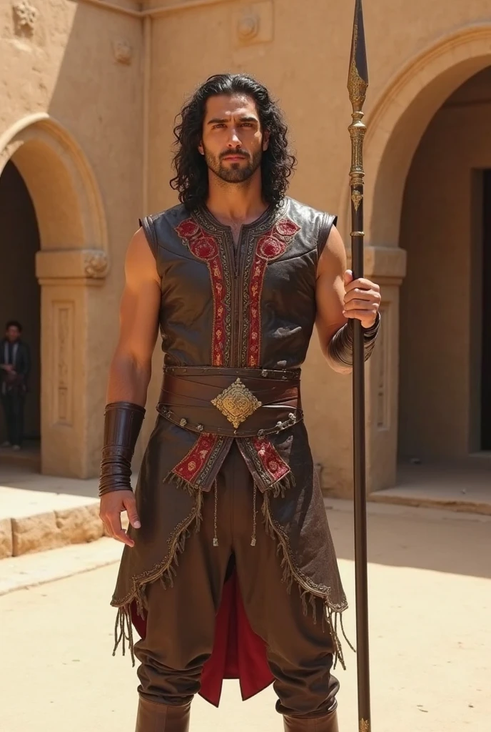 picture a dashing figure with olive skin, clad in flowing robes adorned with intricate patterns and embellishments. His hair, dark and lustrous, is swept back, revealing a strong jawline and piercing eyes that betray a hint of mischief and determination. In one hand, he holds a scimitar, its blade gleaming in the desert sun, while the other rests confidently on the hilt of a dagger tucked into his sash. Behind him, ancient ruins rise from the shifting sands, echoing tales of adventure and conquest.