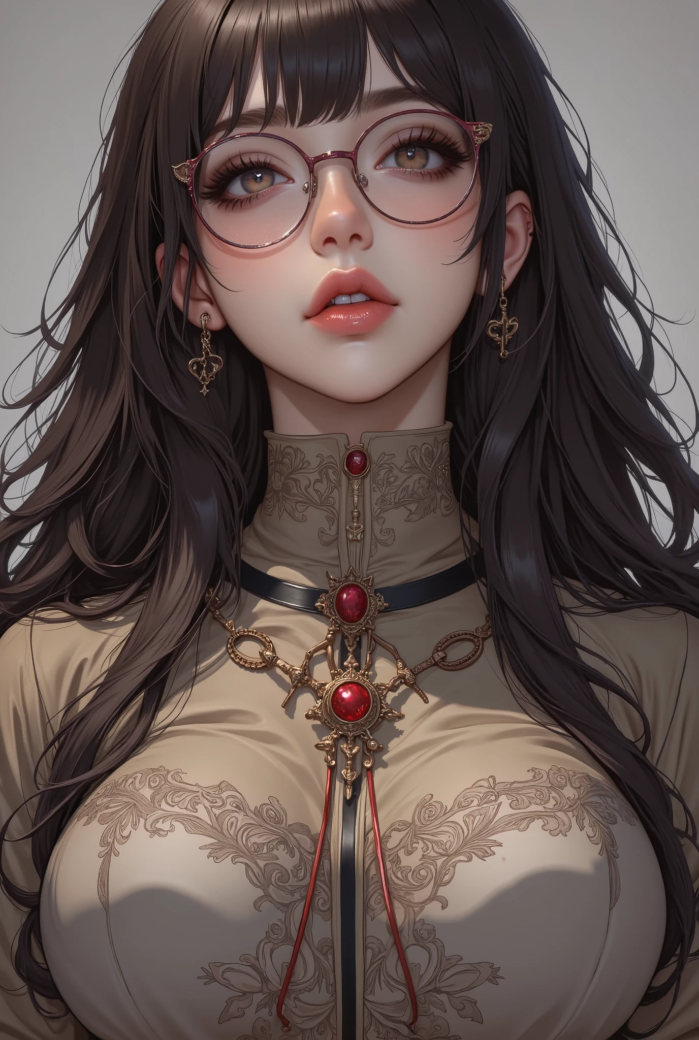 A captivating watercolor painting of a stylish woman wearing red glasses and a fringe, exuding confidence as she looks away with an intense gaze. The abstract and minimalist approach creates a dreamy and ethereal quality, with delicate strands of hair framing her face. She holds a glass of golden wine, and the artist's watermark, XAHEER, signifies their distinctive style and mastery. The white background highlights the intricate details of the portrait, achieving a harmonious balance between the subject and the surrounding space. This artwork is a remarkable fusion of illustration, fashion, and cinematic elements., fashion, painting, cinematic, illustration