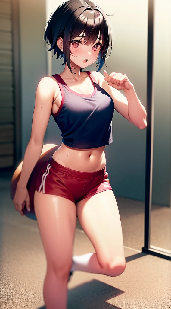 Masterpiece: 1.2, best quality), realistic, (real picture, rich details details, depth of field), (1girl, solo), makeup, cleft lip, high detail, perfect face shape, (small breasts: 1.4), (skindentation), thick thighs, Wide hips, thin waist, tall, coral, red lips, red eyes, ponytail, ((((basketball girl, tight sports bra, mid-length pants))), (sweat: 1.2), (wet), sexy, blushing, sweaty