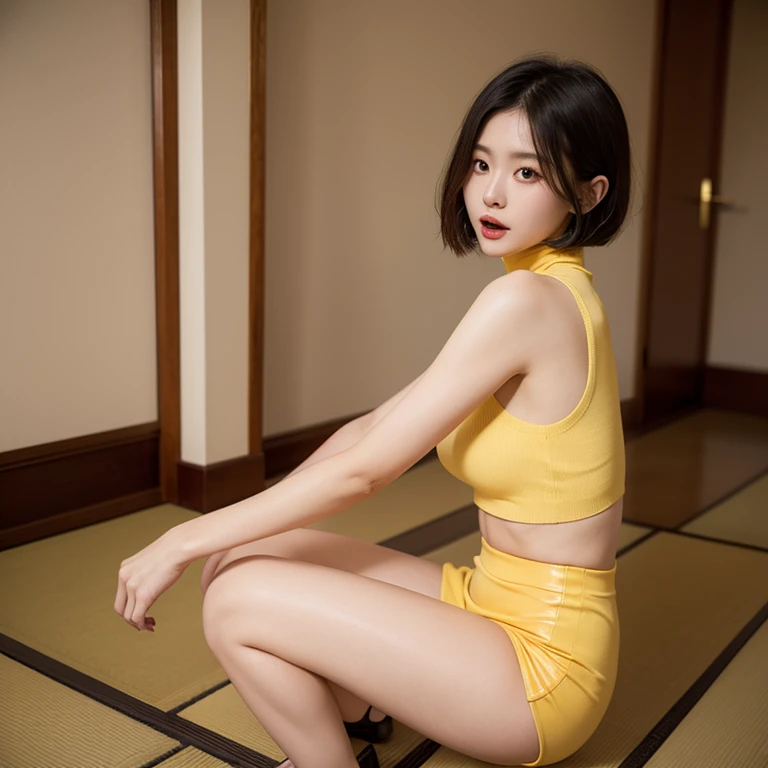 one person、20-year-old、Full body photo、slender、woman、White drool coming out of the mouth、smile、Short Twin Tails、Stick your butt out、 Fair skin、Super cute、Soft and Face、8K resolution、Surreal、Ultra high definition、 A-cup small breasts((Highest resolution、8k、masterpiece:1.3))、Ultra-fine face、Ultra Fine Lips、Beautiful Eyes、double eyelid,Yellow wall、Red and orange checkered striped bandeau dress:1.1、Thighs、thin,Thighs are visible、Shapely small breasts、Sitting in a chair、Thighs are visible