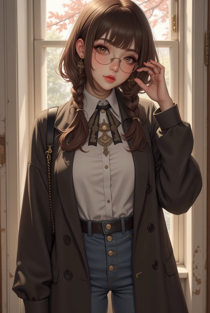 1 female,Brown Hair, ,((Anxious expression)),Small breasts、Small breasts,uniform,stylish,,(look forward to)(((blush、Surprised expression)),(((Curly Hair、Long Hair))),Frameless Glasses