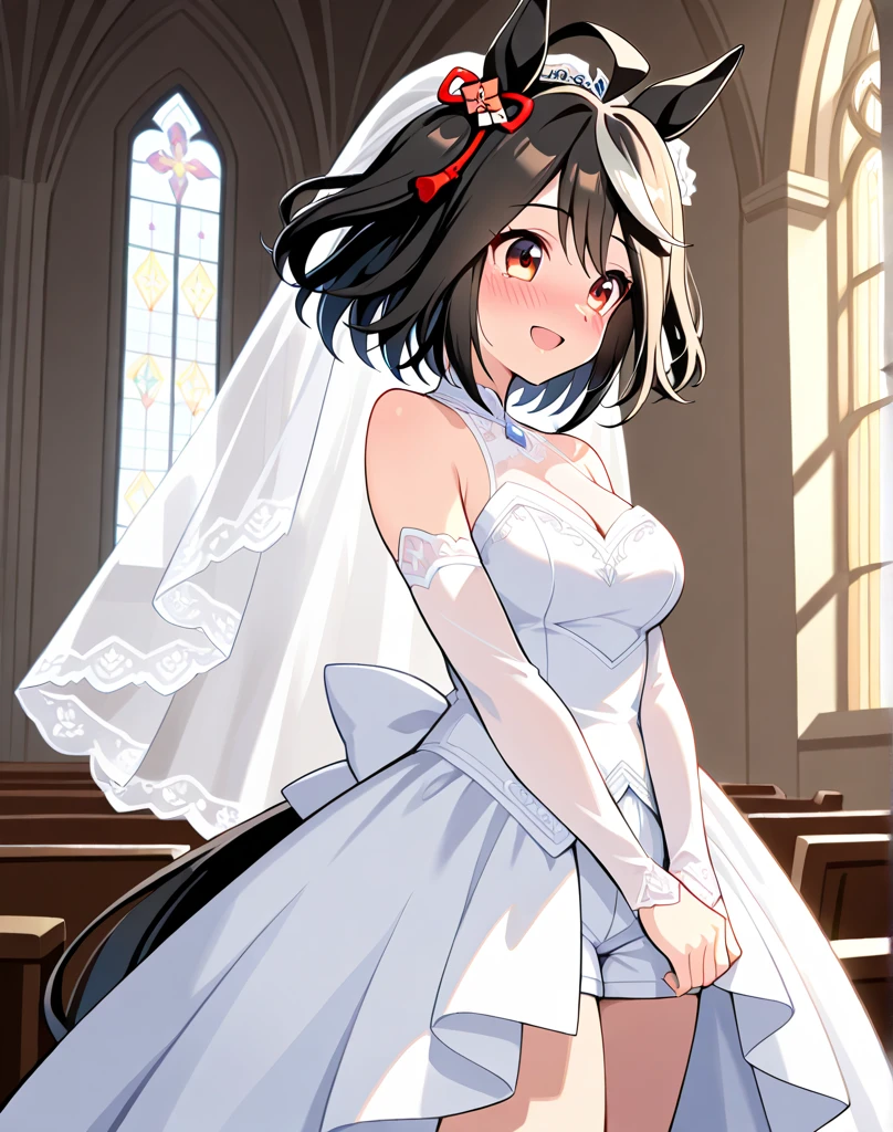 Wedding dress Wedding hall Black Hair tiara Beautiful breasts mini skirt No underwear White tights A look of humiliation