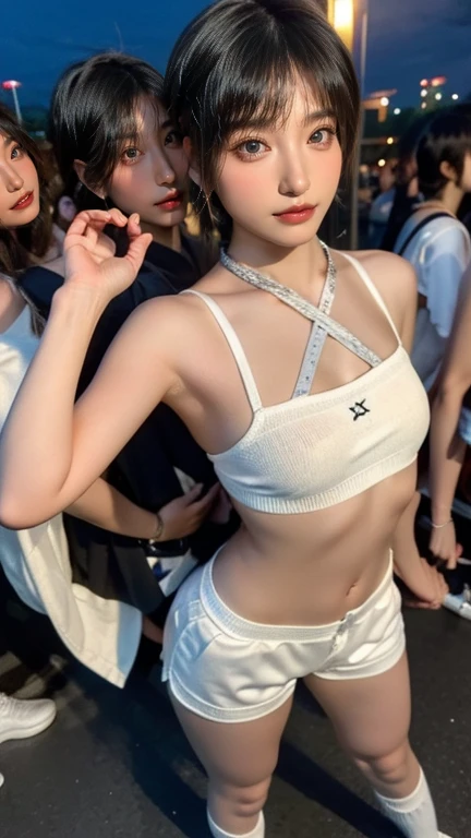 Gorgeous punk idol girl、whole body、Good style、、、、、、、、White tight shorts costume(Off the shoulder、Skull Print)、、、、、Blonde Pigtail、Wonder Belt、Fishnet tights