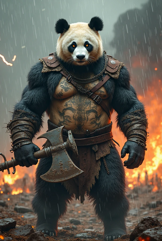 A man with the head of a boar, holding a sword in each hand, beige skin, black pants, and a straw strapped to his waist