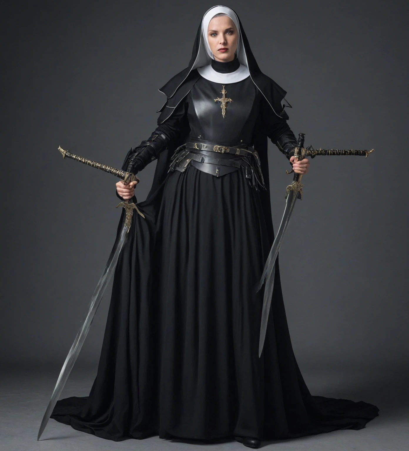 (masterpiece, top quality, best quality, official art, beautiful and aesthetic:1.2), (1girl:1.3), ((Sharp facial features, sharp features, hawkish features)), ((grey eyes)), busty paladin knight girl, extremely detailed, portrait, looking at viewer, solo, (full body:0.6), detailed background, full-body shot, (cold mountain nighttime glacier theme:1.1), holy knight, (nun), charlatan, smirk, mysterious, swaying in mountains, armor, polished metal, gold trim, long boots, white fabric, pelvic curtain, robe, pale leather, ((((nun, crossbow, heavy armor, armored, long legs, robes, prayer scrolls, toned, muscular)))), slim waist, slim hips, long legs, medieval (mountain exterior:1.1) background, dark mysterious lighting, shadows, magical atmosphere, dutch angle
