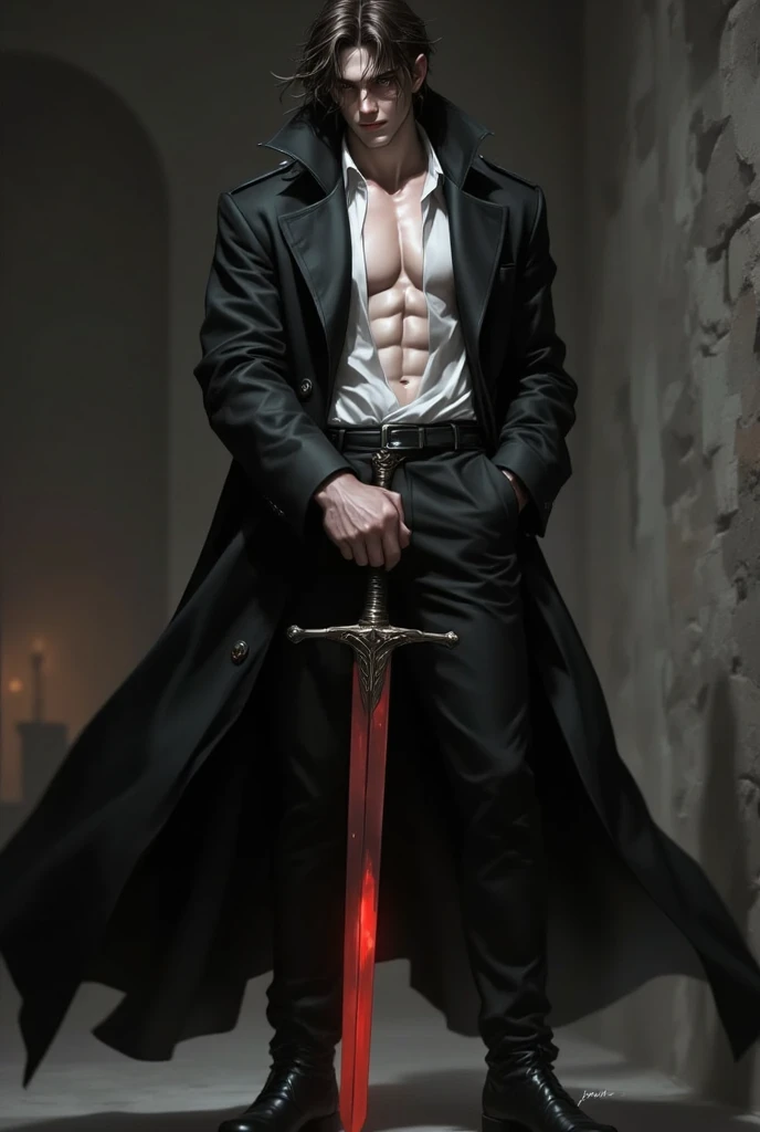 Asian male character, naughty man, dracula, vampire, Eyes red, hairy chest, facial hair, and toned body, Calistênic body, sexy, Anime 8k, bonito na arte demon slayer, covered by a cover, Naked under the cloak, big and soft pubes, lots of pubes, NFSW, no censure, toned thighs, lingerie under the cover, Harem of men in the background