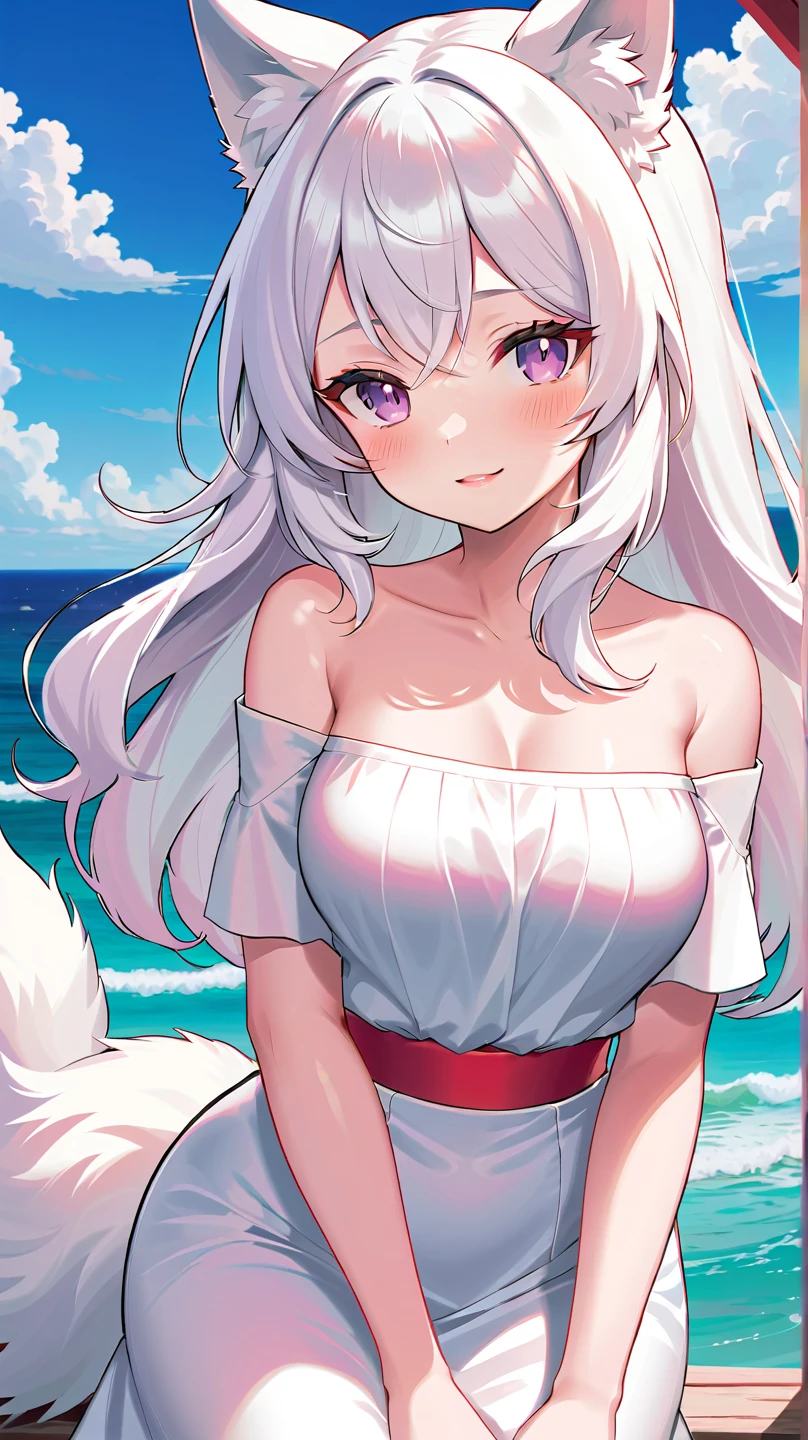 fox ears, red eyes, white hair, medium breasts, hairclip, crown braid, bikini, beach,, masterpiece, best quality,