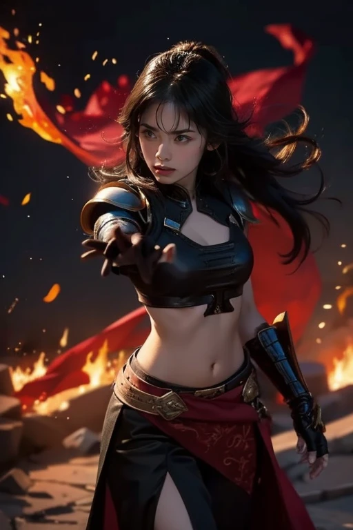 1woman, long wave hair , brown hair swaying by wind, black eyes, beautiful warrior, wear upper armour, old ripped aemour lingerie, smile, fire background, with fire on hand point to viewer, synamic action, fighting action, epic, materpiece, ultra detail, realistic, 3/4 body shot,,