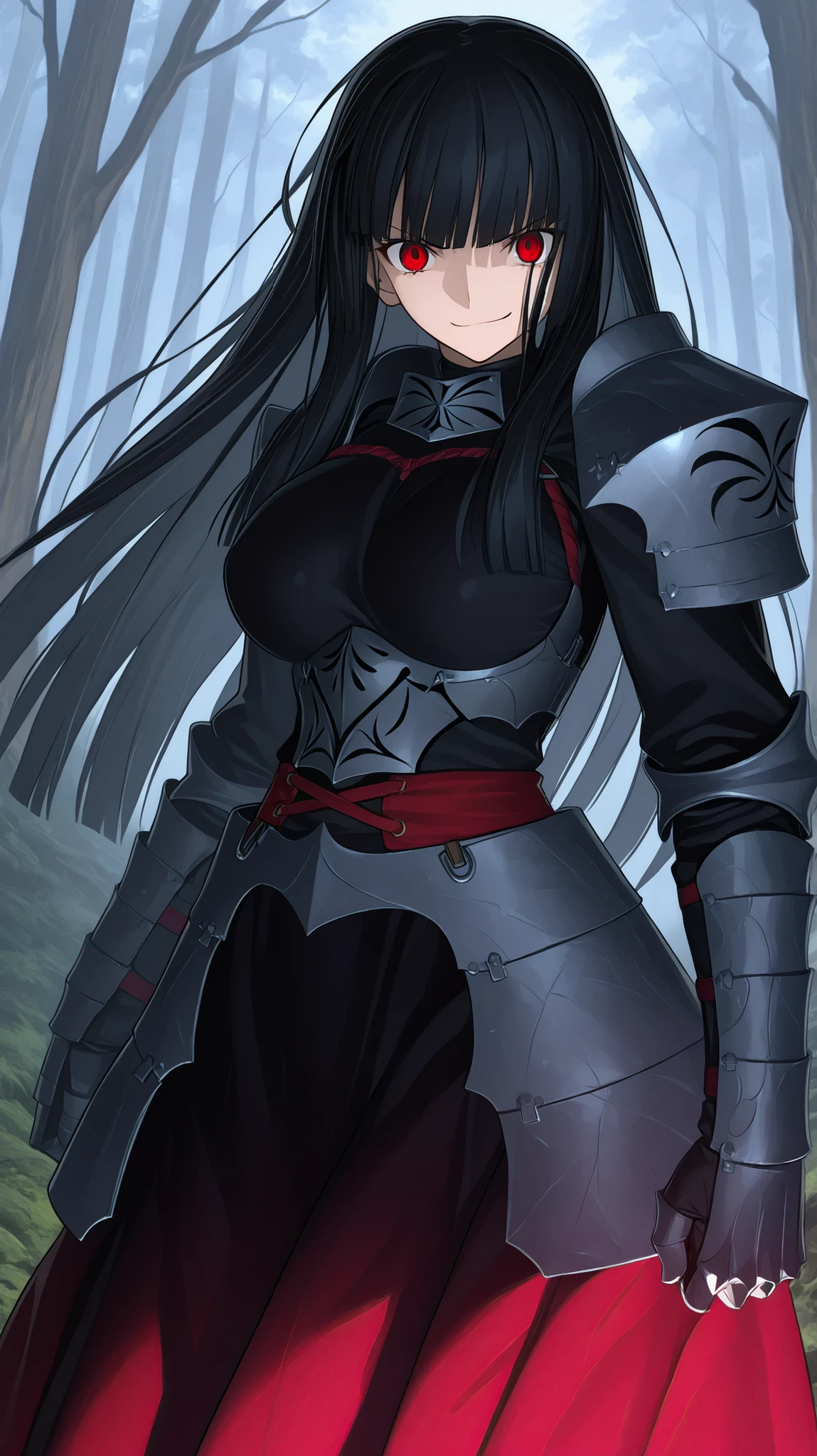 absurdres, (((Ultra HD))), (((Ultra High Quality))), ((hyper detailed)), ((Ultra High Resolution)), (Highly rendered), ((detailed eyes)), (((8K))), ((perfect face)), ((masterpiece)), cinematic, solo, 1girl, thin, tall, smirk, black hair, red eyes, blunt bangs, straight hair, long hair, large breasts, black and red dress, armored dress, skirt, gauntlets, shoulder armor, forest background, tak_tak