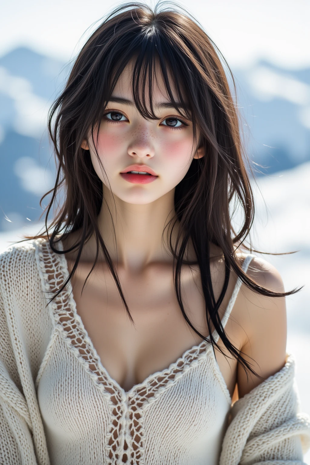(((10 years old))) ,girl、Long long hair、(Bunny ears headband)。(Random Nudes)，Exhibitionism，((Random exposure of genitals))。　Beautiful areola。Thin Hair。In the vast snowy mountains、Detailed and complex background。Brown Hair。(Round face). (Takagi-san)
