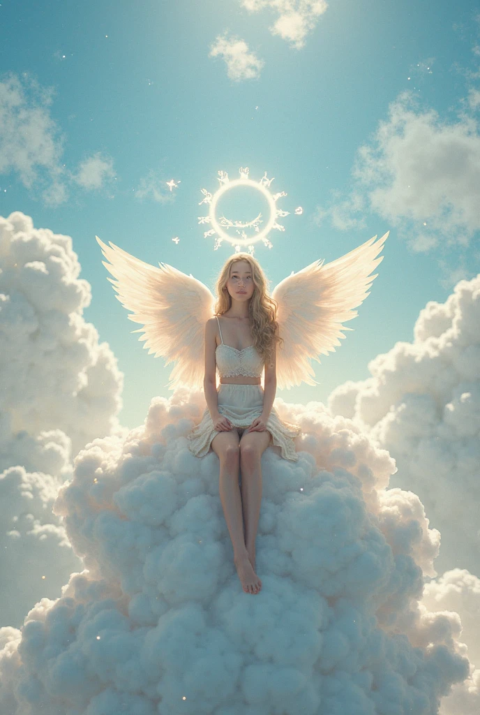 (photorealism:1.2), beautiful woman, sitting on Golden clouds , have a stars in sky , with many flowers and angels