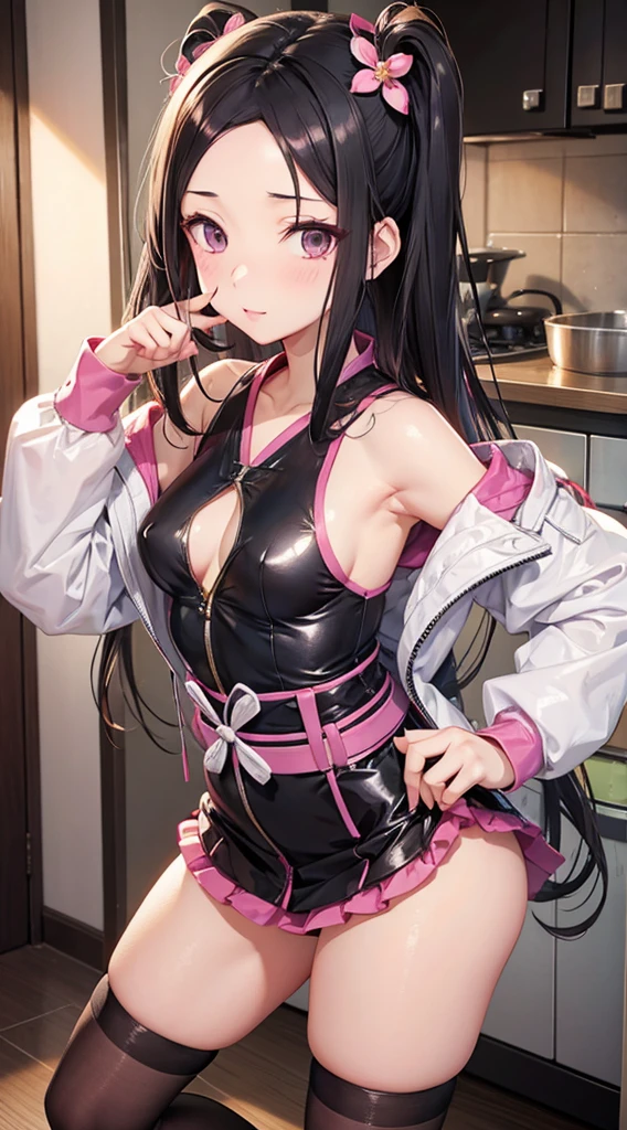 NSFW,One girl,Trick or Treat Cosplay、露出度の高いClothes、Shrug(Clothes)、Short sleeve、Layered Bikini、Purple Bikini、Green Bikini、belt、Nurse cap、mini skirt、Green gloves、Thigh-high socks、Garter Straps,Small breasts,(Perfect hands),(Perfect Anatomy),(masterpiece),(highest quality),(Absent-minded face:2.0),blush,night,hospital,Examination room,White Room,Sitting,Leg spread