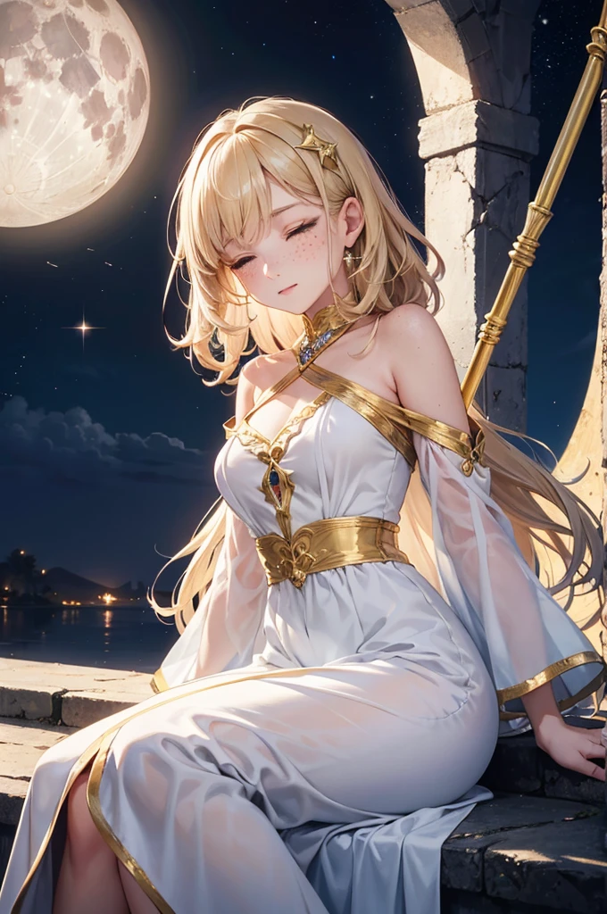 Masterpiece, Best Quality, 8k, UHD, Gigantic Key, White Headphone, Blonde, Korean, Tall, Slender, Priestess outfit, goddess of the moon, high heels, moon temple throne, cleavage, detailed face